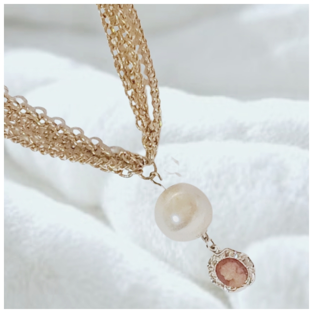 N4S Gold Tone Multilayer Necklace with Faux Pearl and Small Cameo